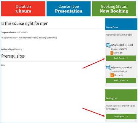 A screenshot of a DAT Booking System course page.  The Book Course and Waiting List buttons are indicated.