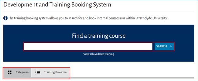 A screenshot of a DAT Booking System Home page. The Search box and  the Categories and Training Providers tabs are highlighted.
